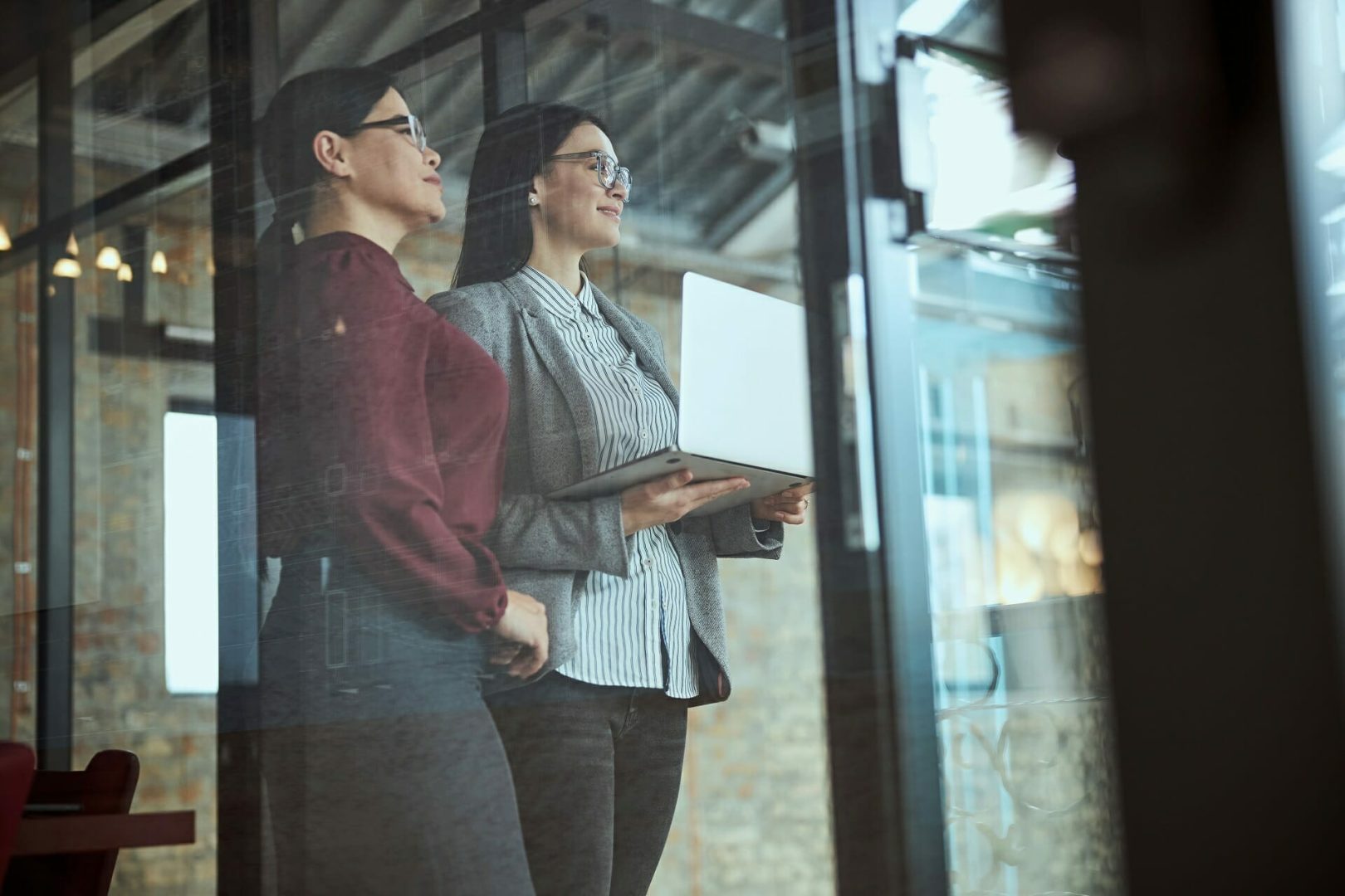 Cheerful brunette females standing near glass wall and looking together in one direction